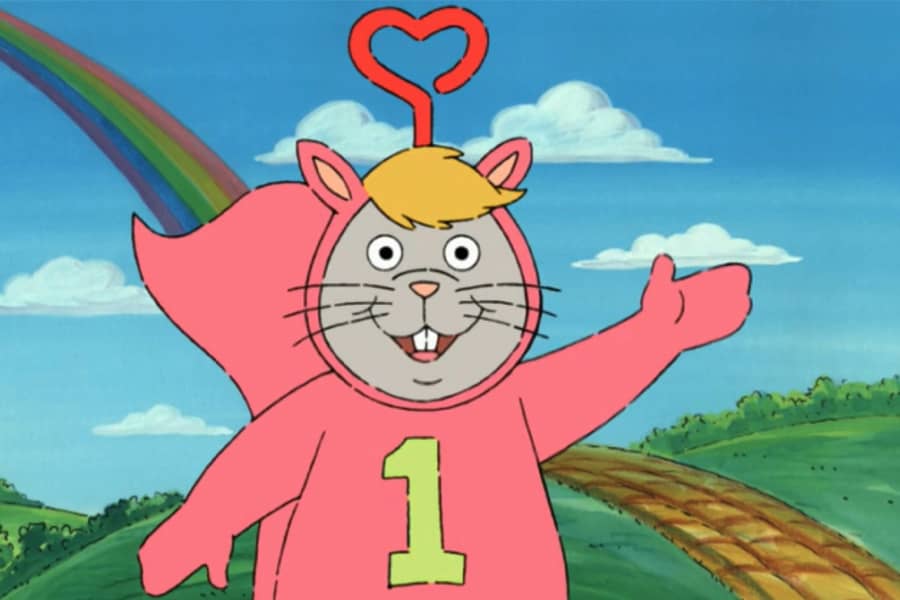 squirrel with a 1 on its chest waving in front of a rainbow