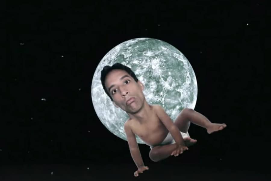 Abed’s head on a baby’s body circling the moon in space