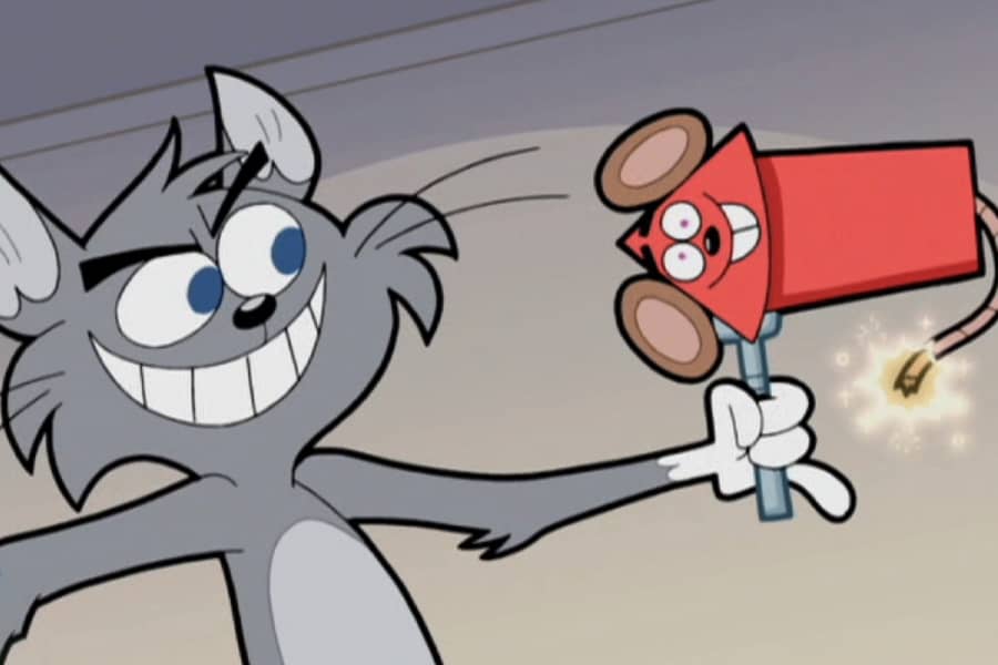Sleazy holding a fork that is holding a lit firework that looks like Cheezy