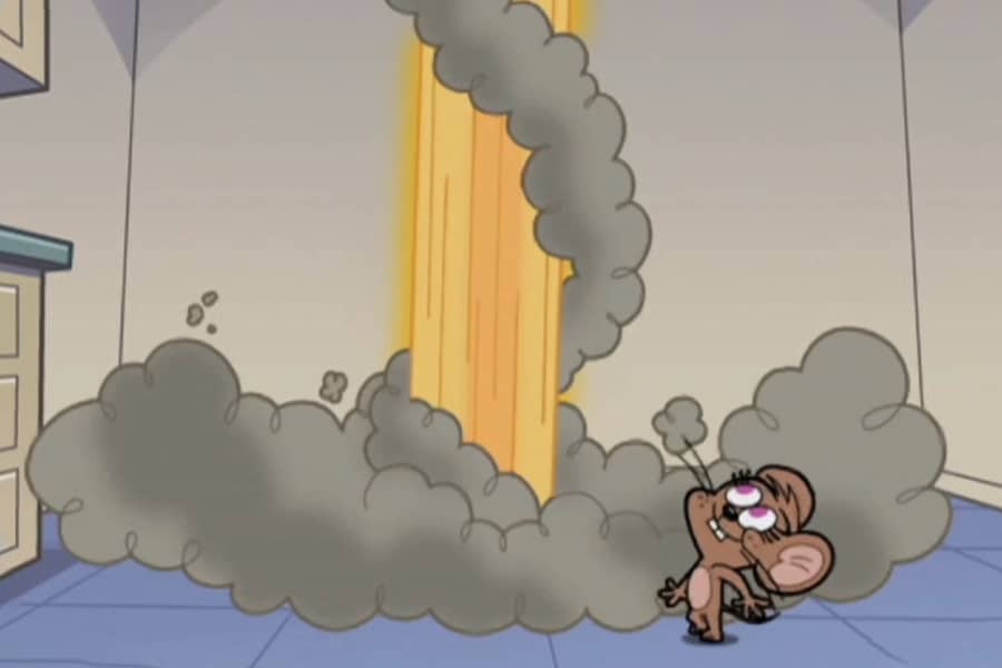 Cheezy looking up in the smoke of Sleazy’s explosion