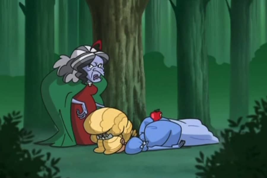 witch next to the princess who is flat on her face, apple resting on her butt