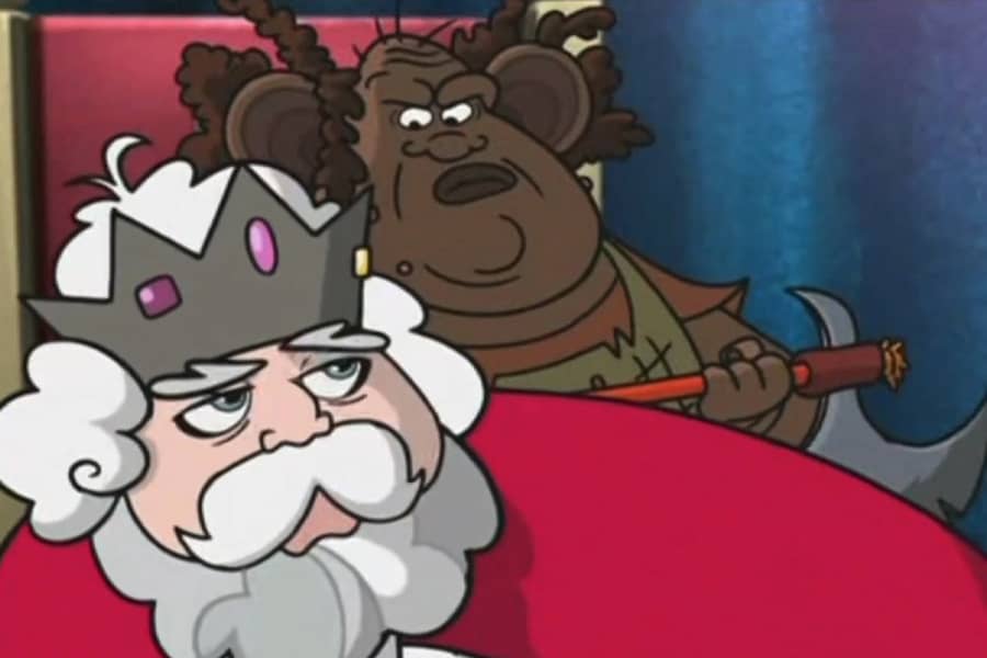 the king and a troll holding an axe