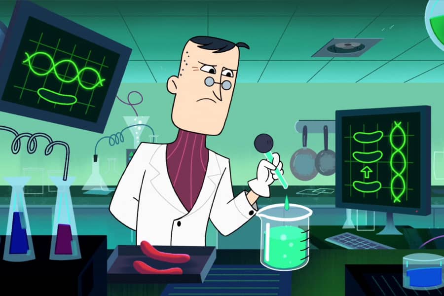 Scientist with lab equipment and hot dogs