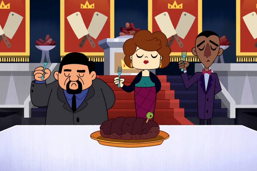 three judges with forks up about to try a dish