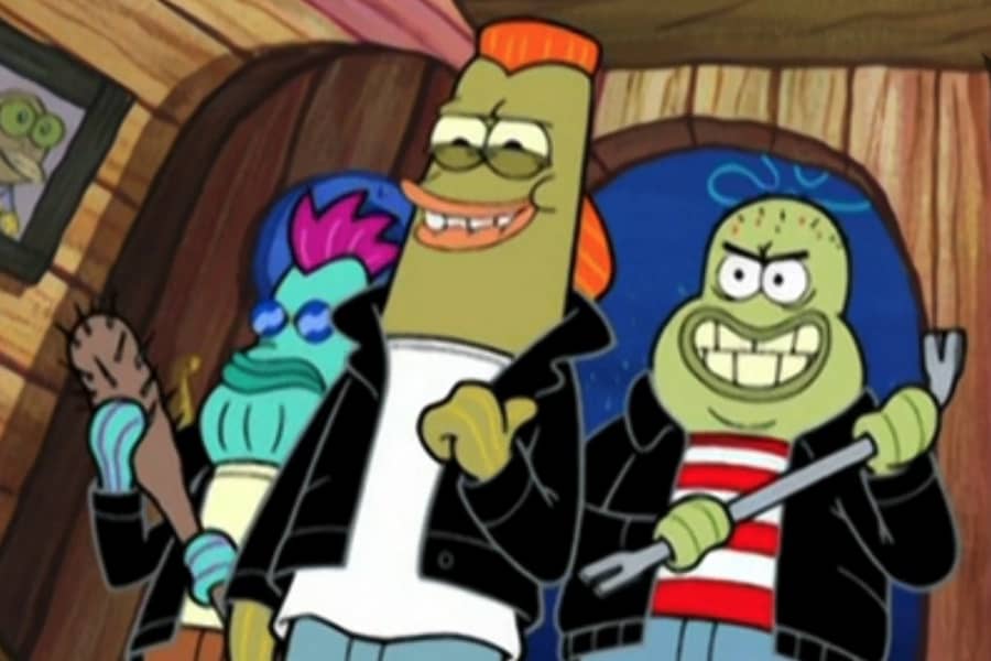 three punk fish entering the door holding clubs and crowbars