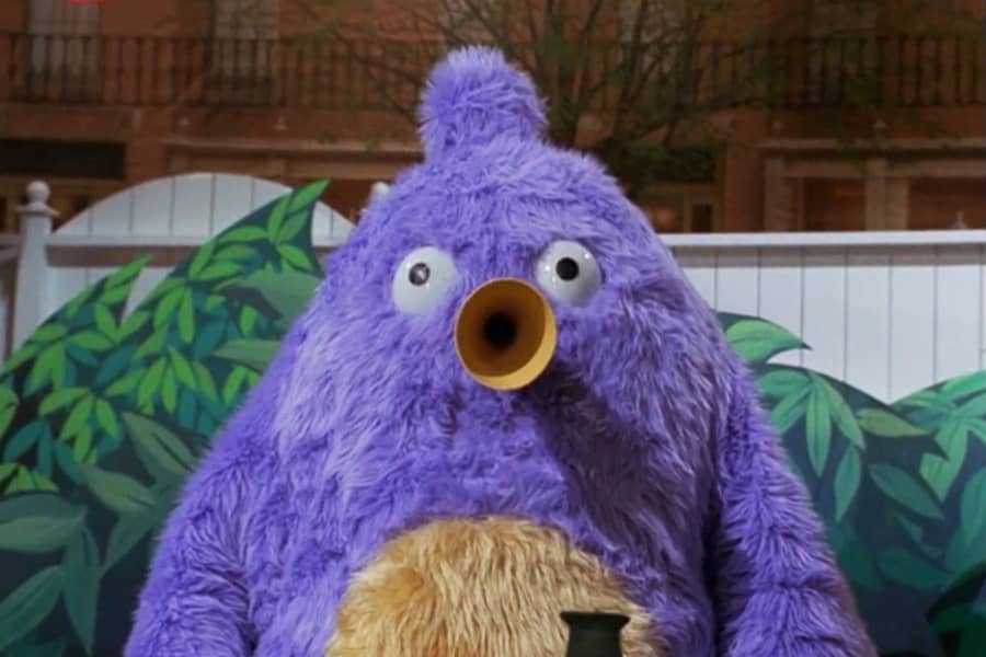 Ratio Hornblower, a purple puppet with a horn for a nose