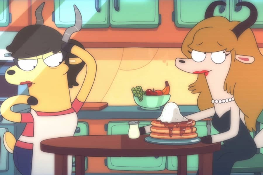 Marlina, a deer, putting salt on her pancakes to her mother’s confusion
