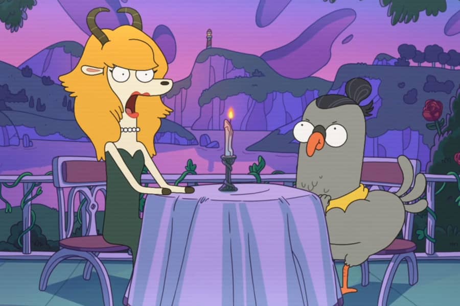 Marlina gasps at a dinner table with a bird with a man bun