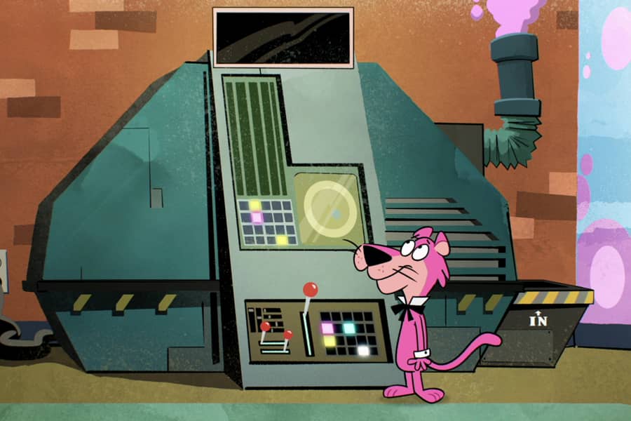 Snagglepuss next to a giant machine with knobs and levers