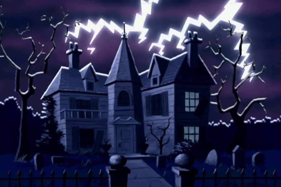 a scary house with lightning behind