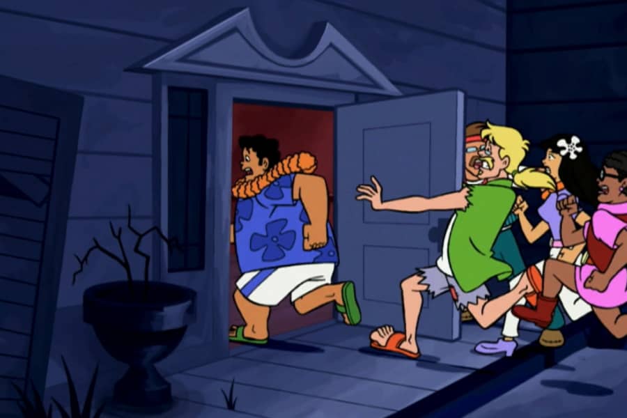 the gang running through a door