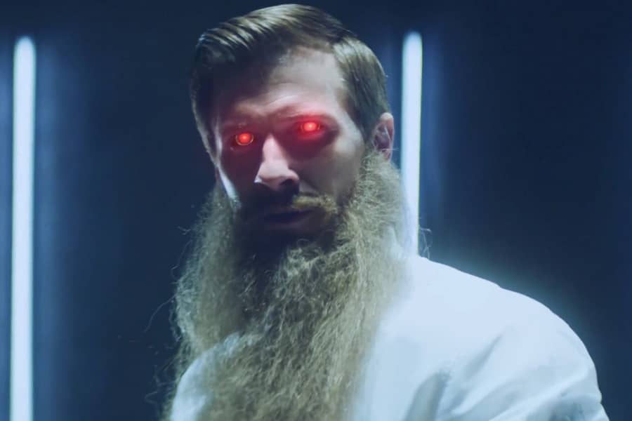 Joshua with a long beard and glowing red eyes