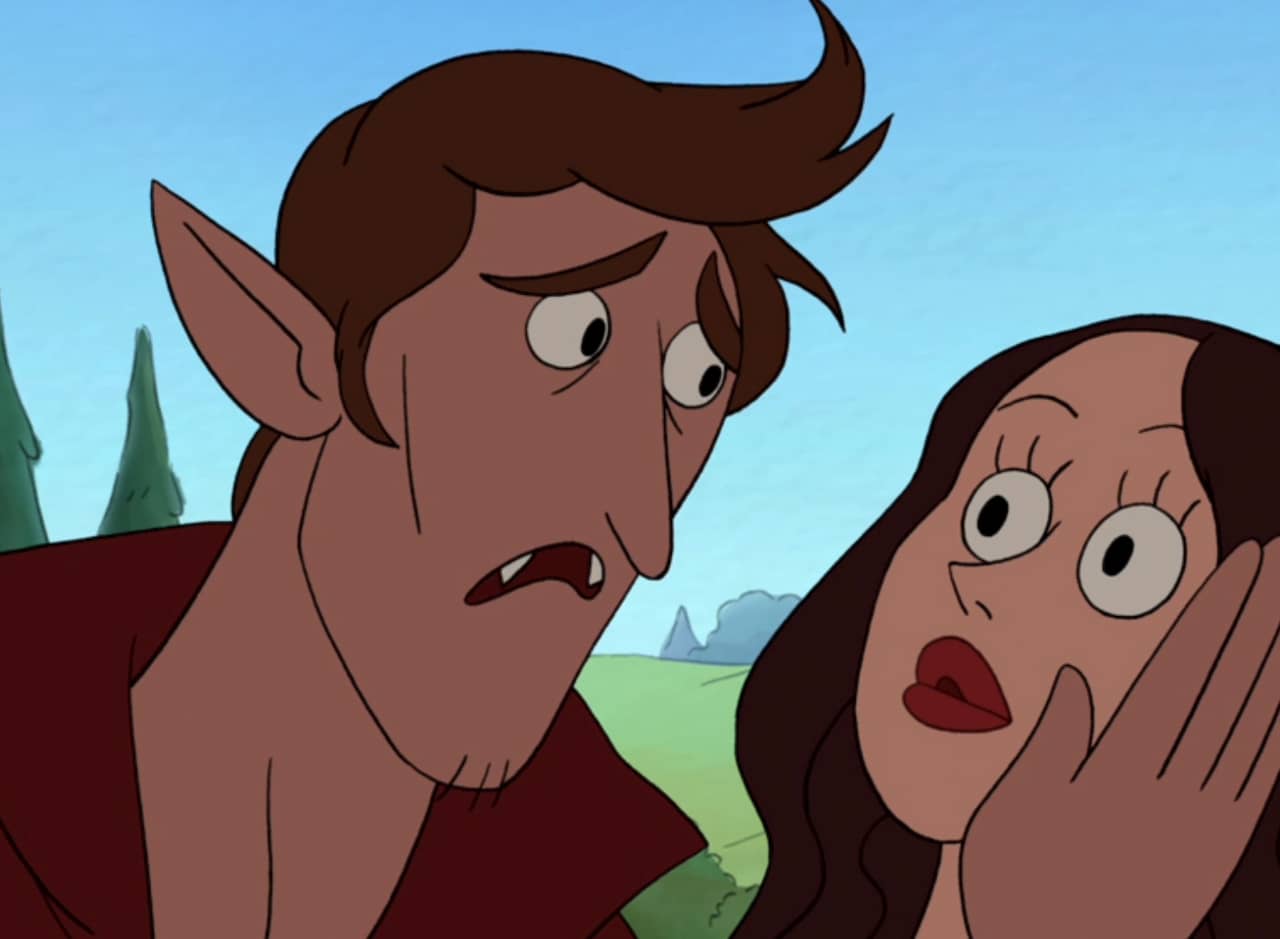 vampire Christopher with his hand on Lara’s cheek