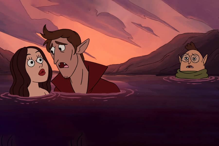 Christopher and Lara in a pool of dark water, Jared is sitting nearby