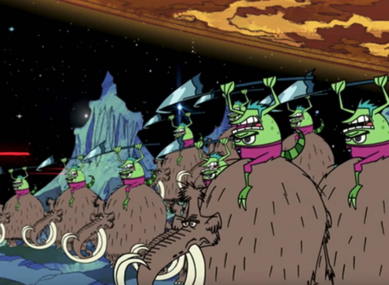 aliens with upside down faces riding big wooly mammoths on an ice planet