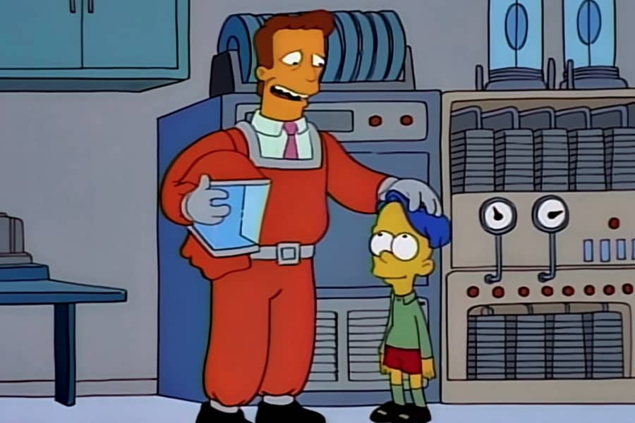 Troy McClure with a kid in the lab
