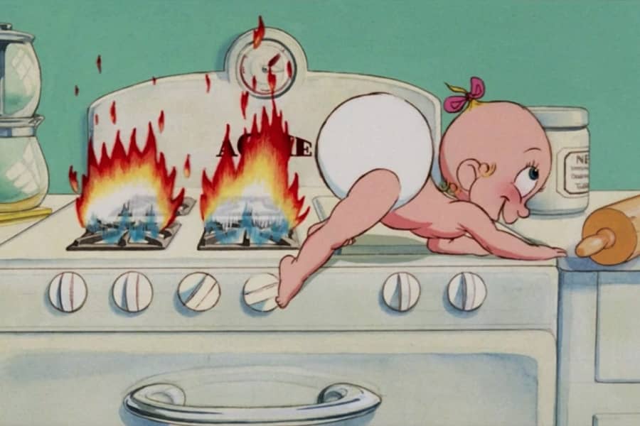 Baby Herman crawls across a stove, lighting each burner as he goes