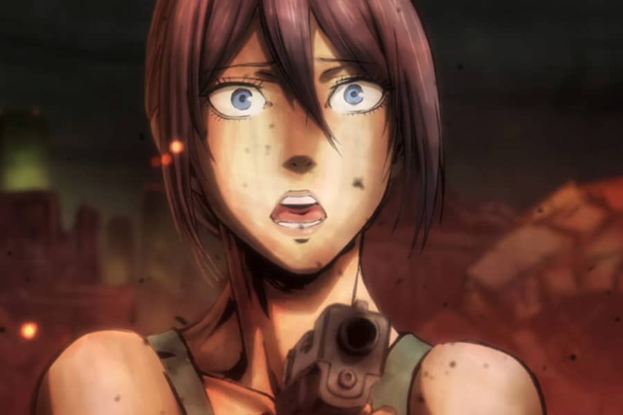 woman holding a gun looks shocked