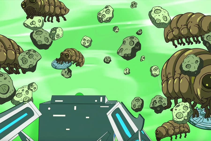 green space filled with giant space bugs