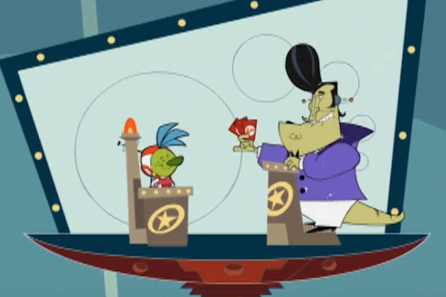 Captain Chuck asking trivia questions to a contestant