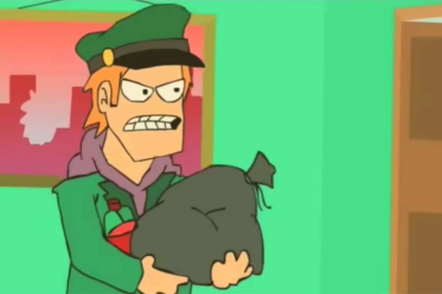 Matt in an army uniform holding a bag of trash