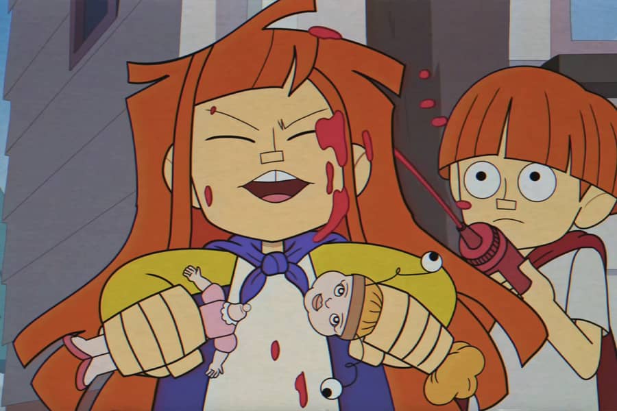 Reggie breaking a doll dressed as an alien while Dustin sprays fake blood (ketchup) on her