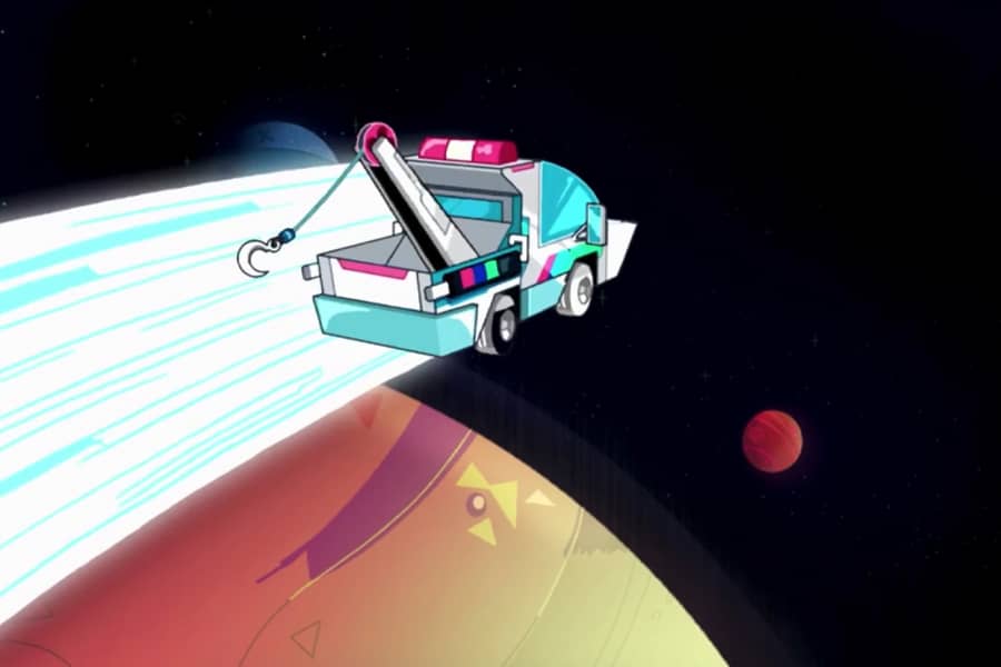 space towtruck flying by a planet