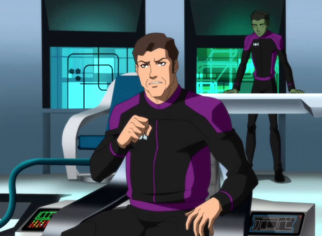 Captain Tom Bender and Lieutenant Tork on the bridge of the ship