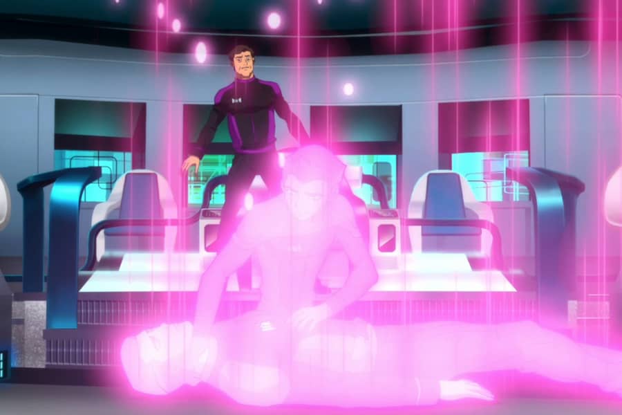 Tork and Ensign Valiant beam up into the ship