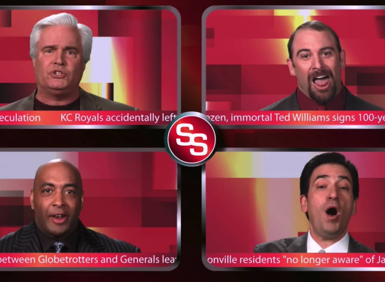 a grid of four sports pundits passionately talking at the same time