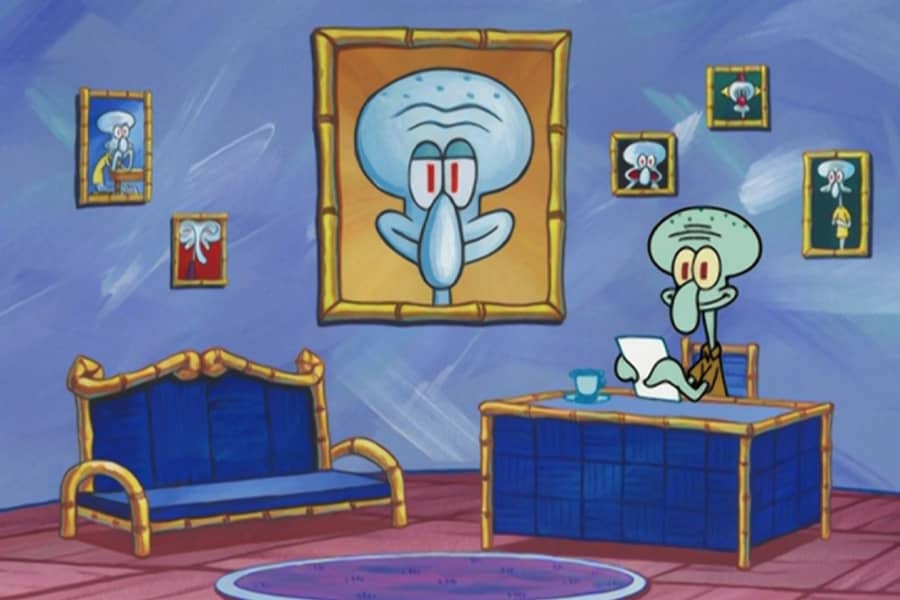 Squidward on a talk show set
