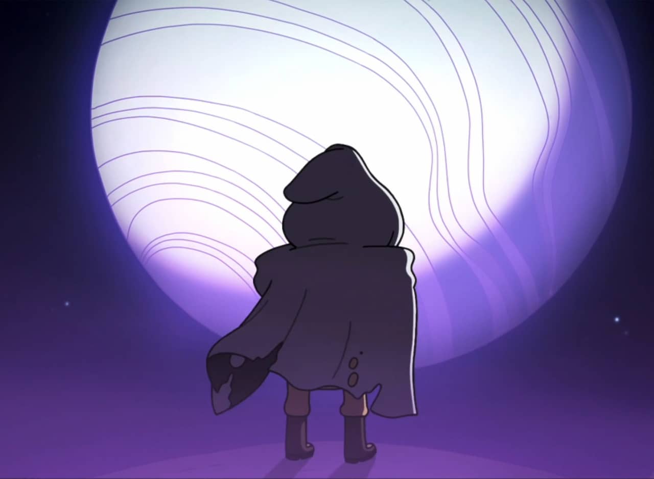 hooded figure facing a large moon