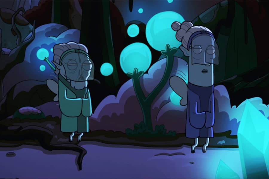 two fairies floating above a bog