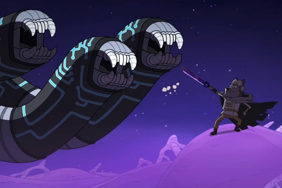 Space Friar Zamien holds up a sword against three moon worms