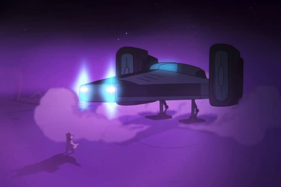 Zamien approaches a landing spacecraft
