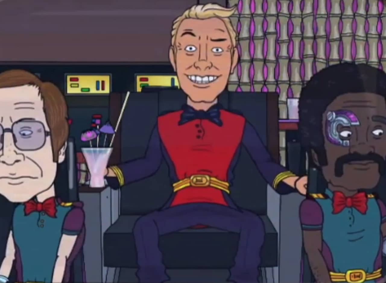 Captain Emporium in the captain’s seat with a fruity drink, with The Love Doc and Isaanc the Bartender