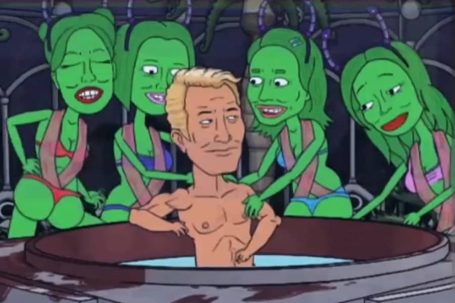Emporium in a hot tub with four green alien women