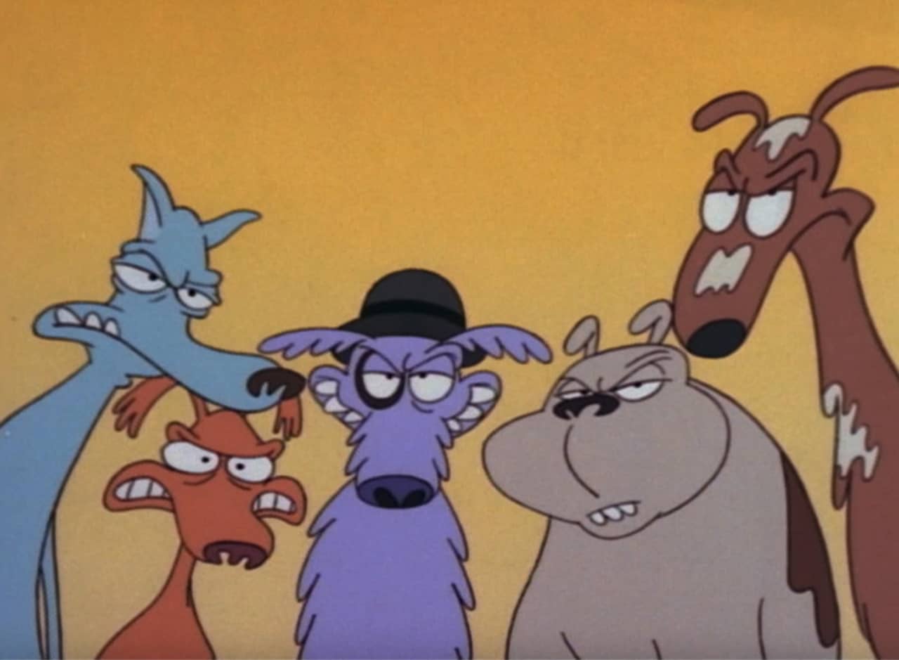 a bunch of tough looking mutts, one is wearing a bowler hat