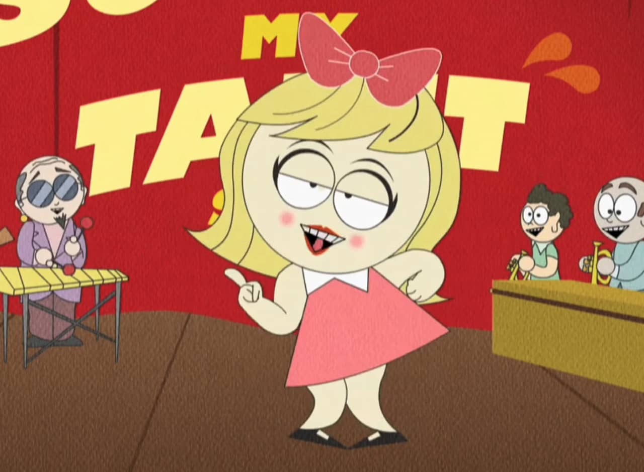 in South Park style animation, a little blonde girl in a dress and a bow dancing on stage