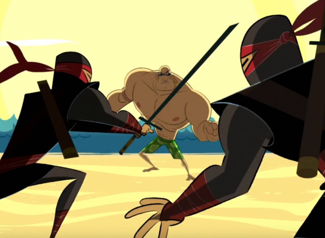 Rod Tango as Suntan Man, a buff dude in swim trunks on the beach, about to fight two ninjas