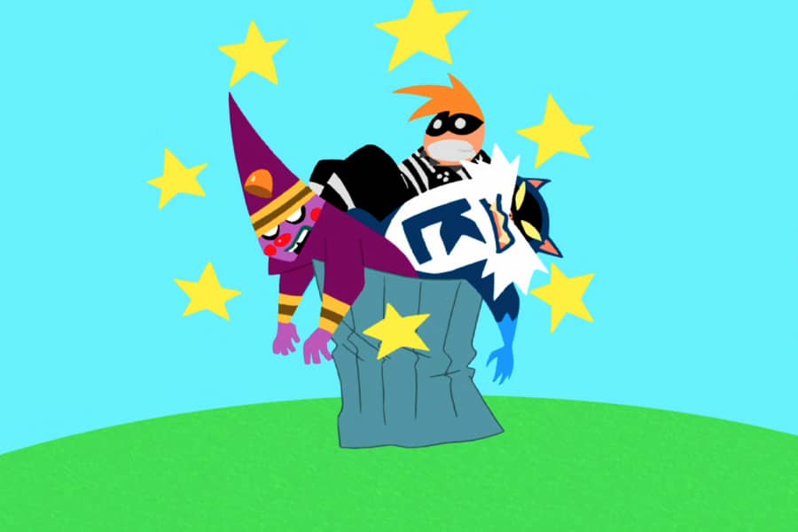 Evil Doom Friends in a trash can