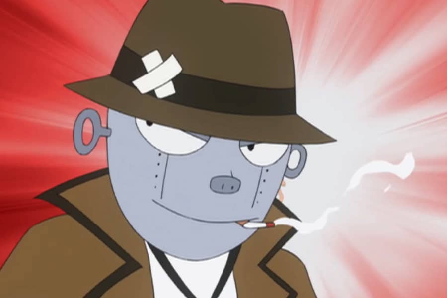 a robot character wearing a fedora and smoking a cigarette