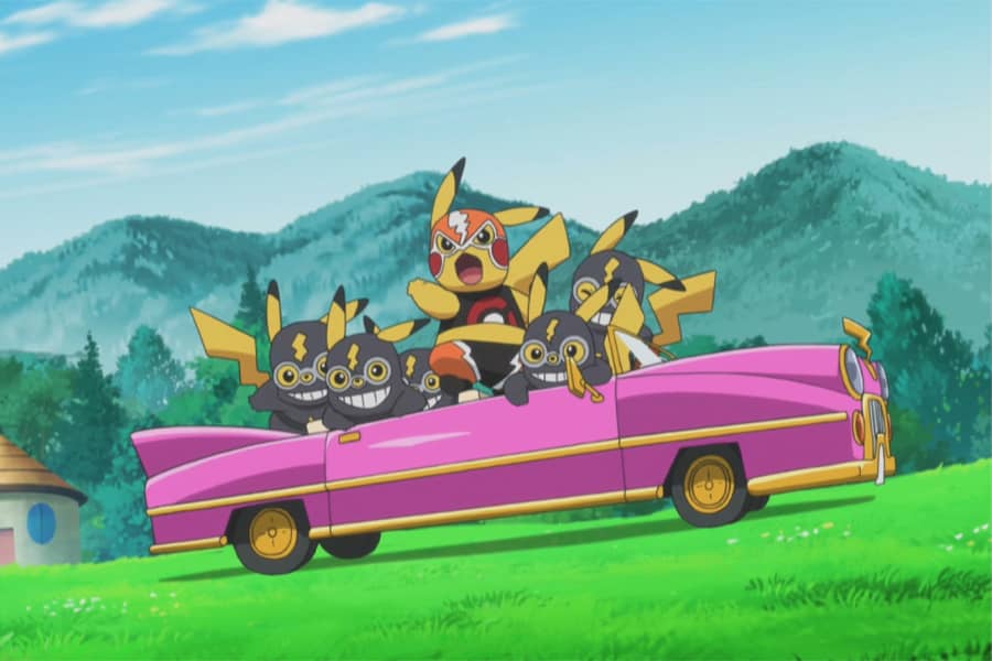 Libre Pikachu and his ninja companions in a pink convertible