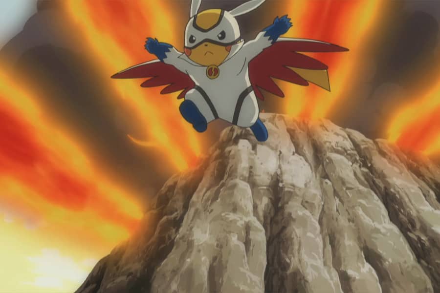 Super Pikachu jumping off a cliff with an explosion behind him