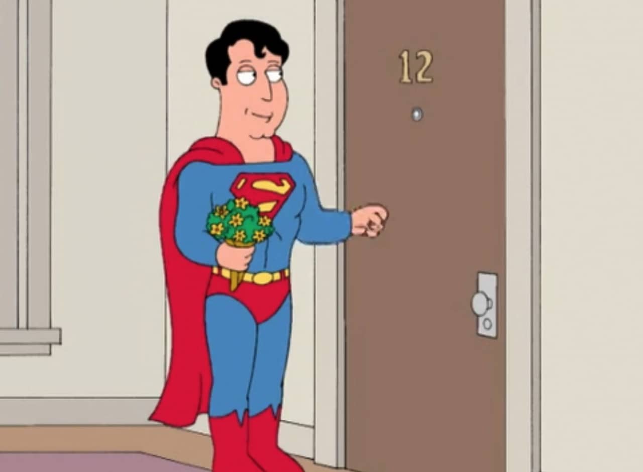 Superman holds a bouquet of flowers and knocks on an apartment door