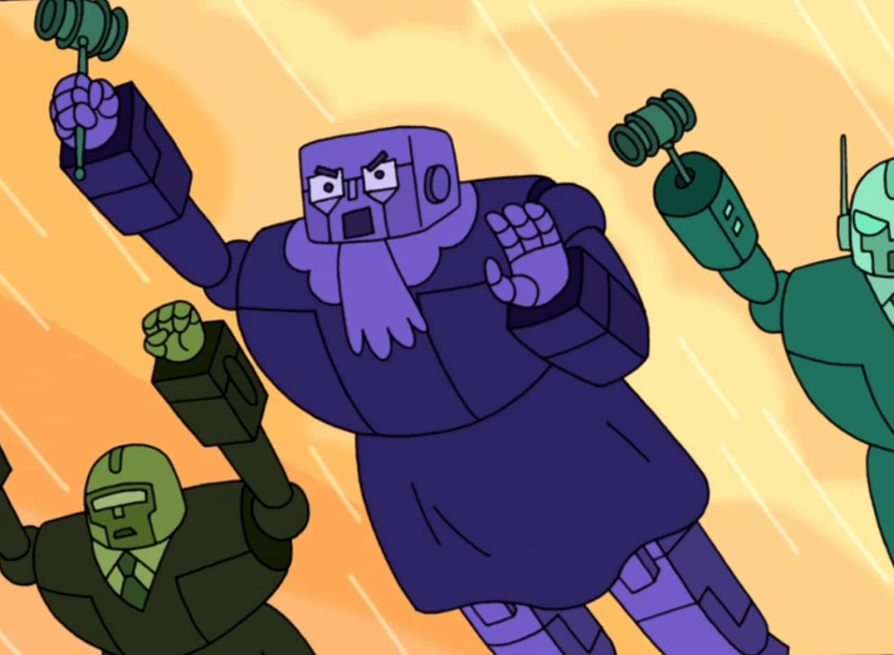 the justices (robot judges) flying through the air