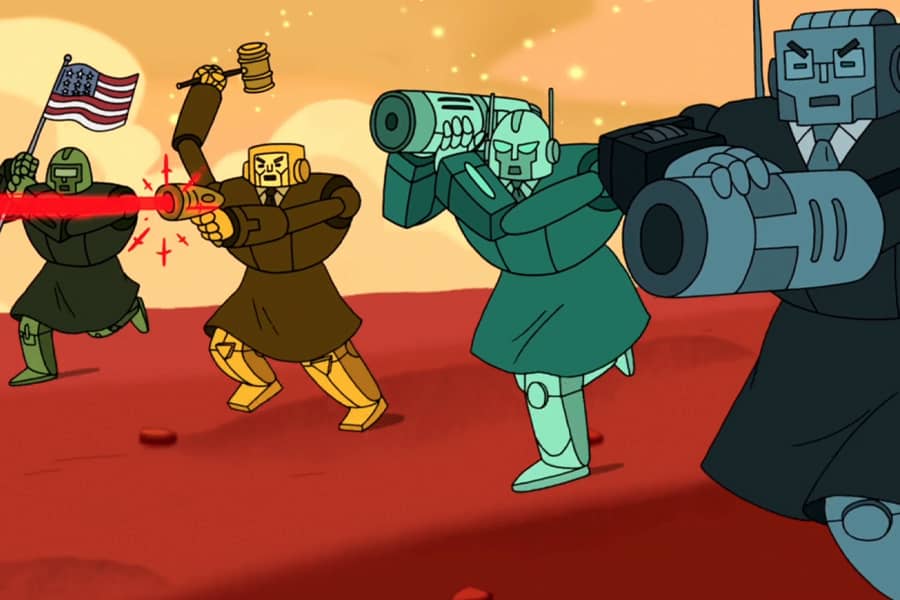 the justices running and firing weapons