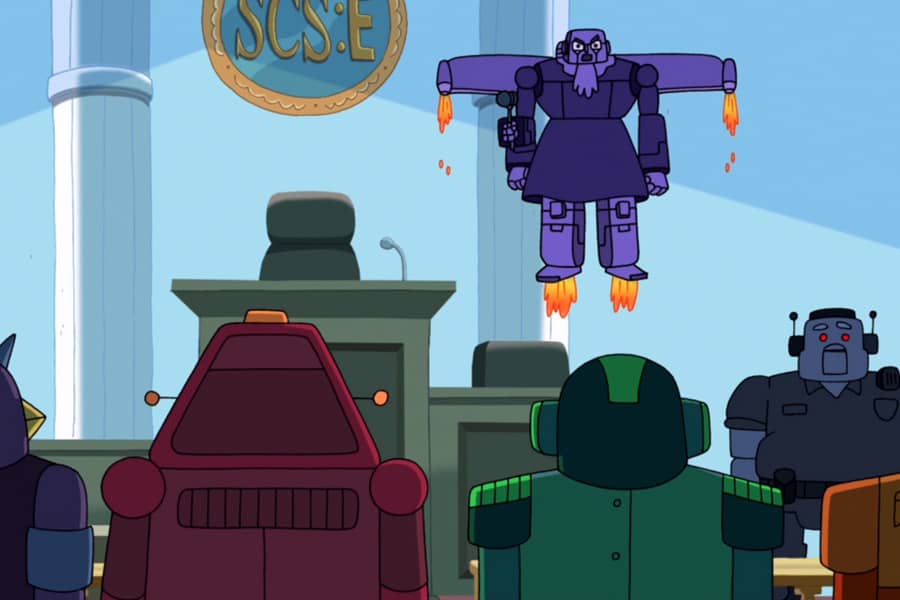 Justice Wrath Hover Ginsbot flying into the courtroom