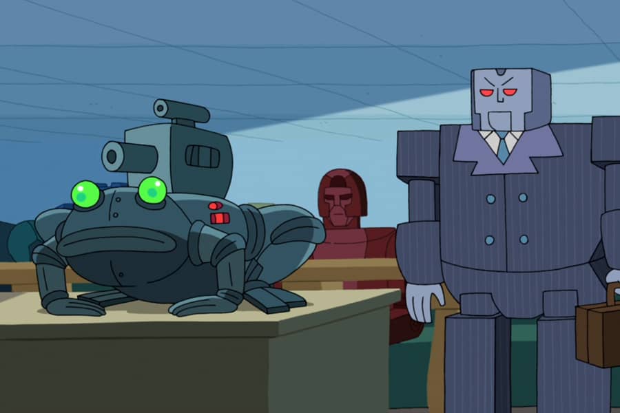 a robot lawyer with his client, a robofrog
