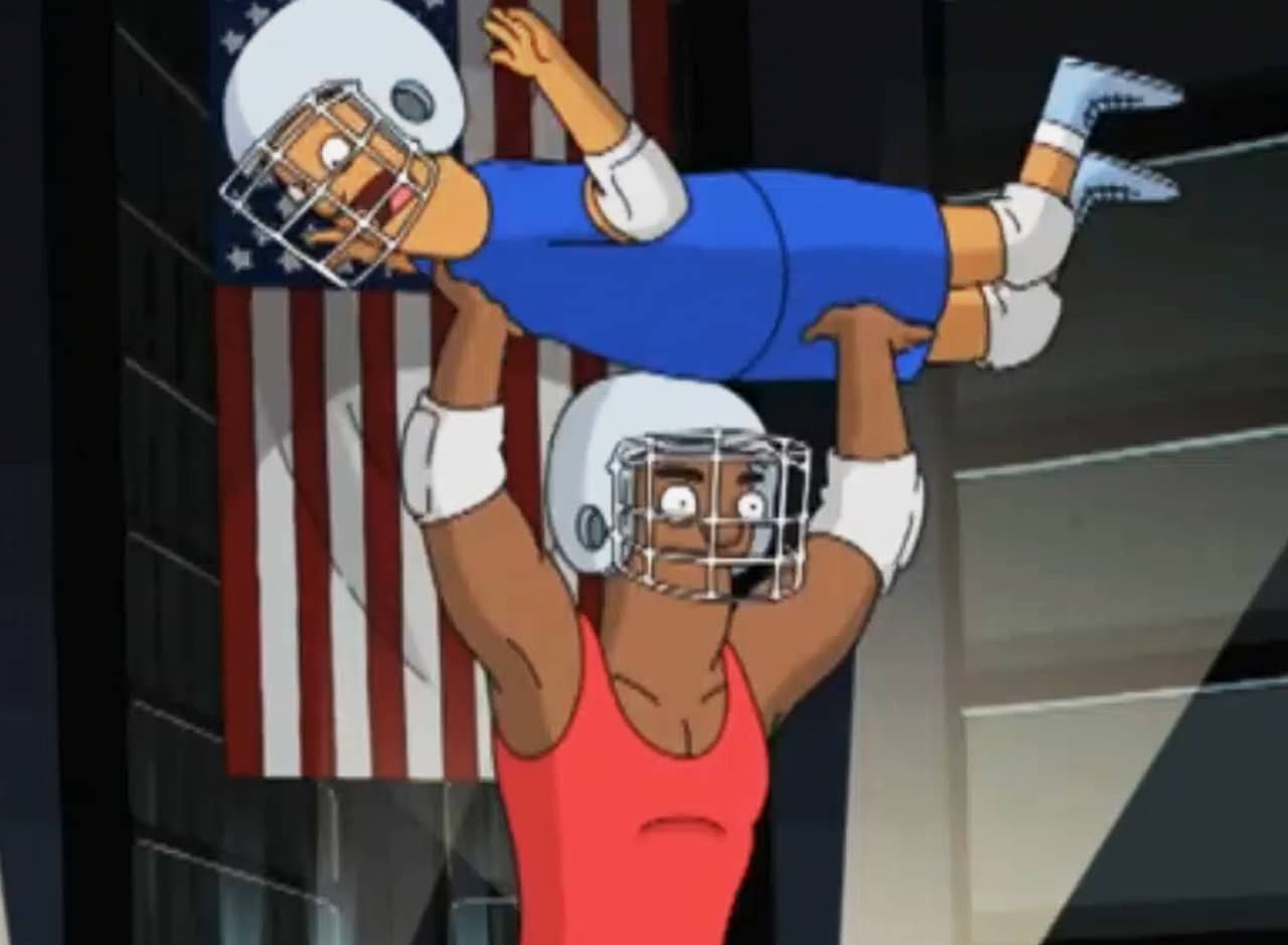 red gladiator holds blue gladitor above his head